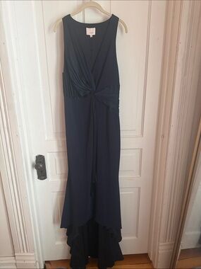 cinq a sept Navy Twist-Front High-Low Long Dress